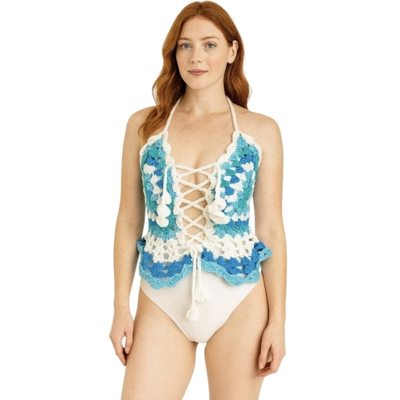 Handmade Other - Handmade Granny Square Crochet Halter Top Mermaidcore Boho Criss-cross Icy Blue